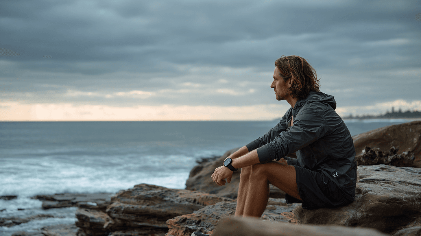 Athlete resting on coastal rocks: vitamin D, sun exposure, and outdoor recovery