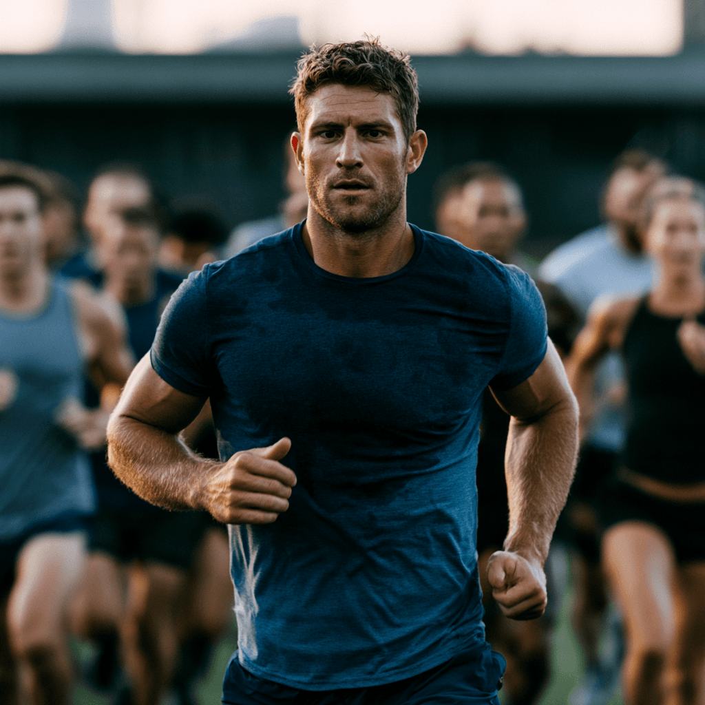 Athlete in dynamic movement, representing testosterone's role in muscle power and athletic performance
