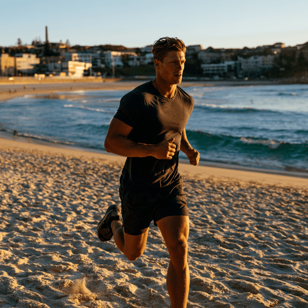 Runner training along Bondi Beach at sunrise with coastal views