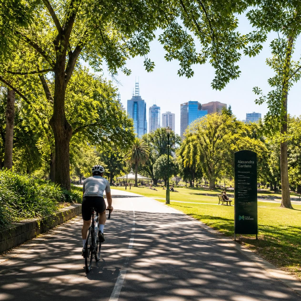Runner training through Melbourne's parklands at sunrise