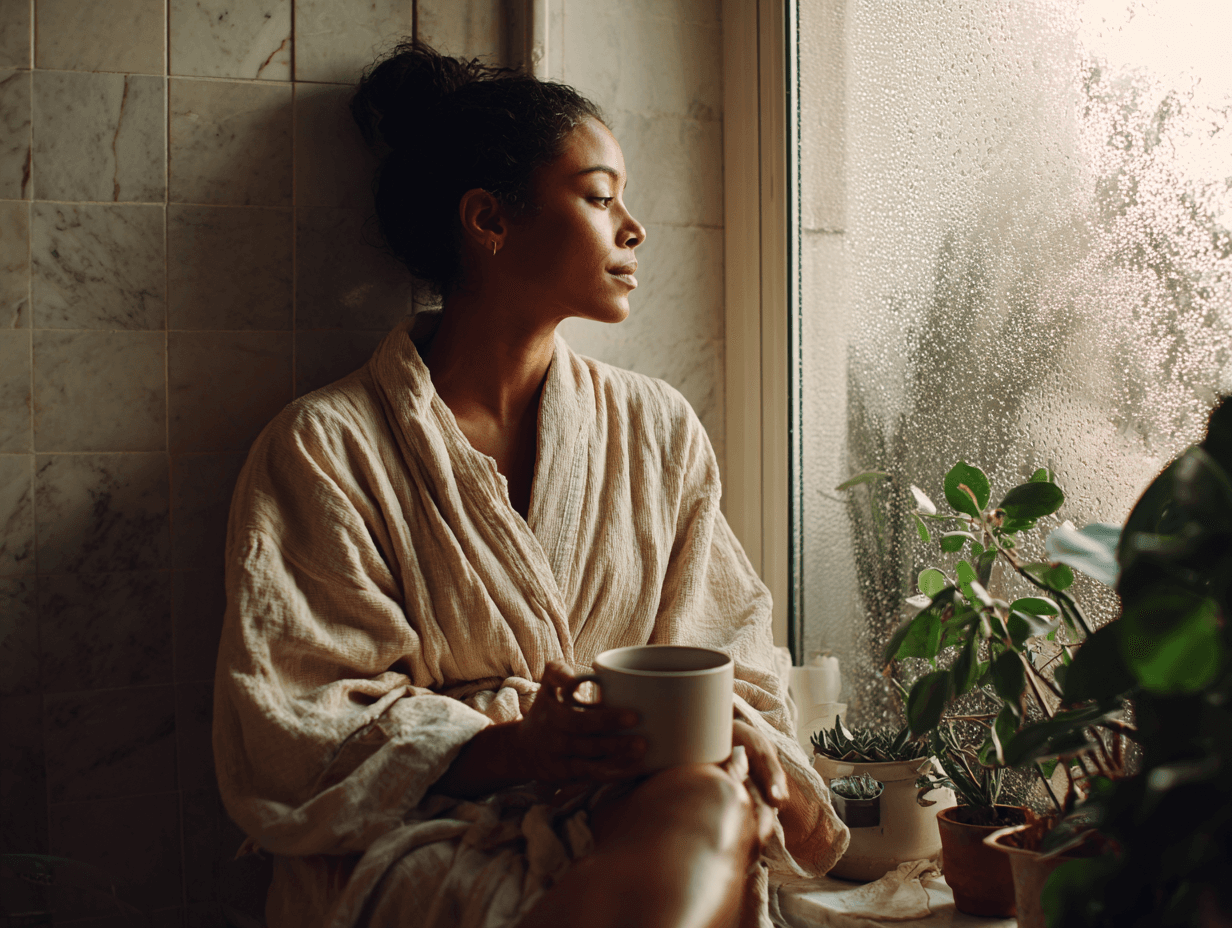 Person in a robe relaxing after a muscle maintenance massage session in a calm recovery setting